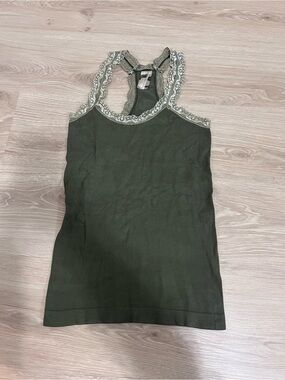 Y2k green Lace-Trim Ribbed Tank Top